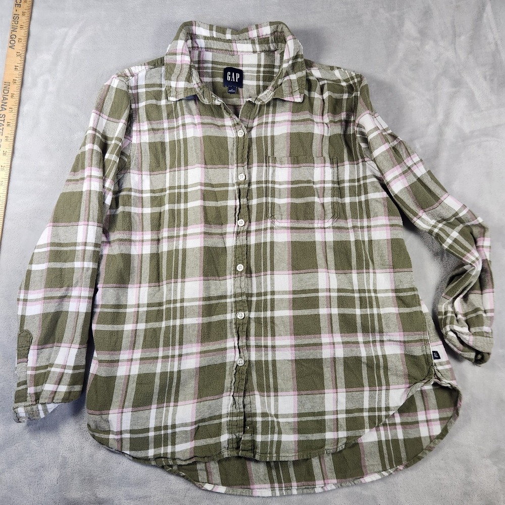 Gap‎ Ladies Boyfriend Flannel Shirt Green & Pink Plaid Size L Grunge 90s Y2K